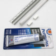 The White LED Tile Edge Light Strip Kit (24V) ~ Nicho Series is shown with its packaging, a clear adhesive sealant tube, an aluminum LED channel, two white rectangular pieces, and a white rod.