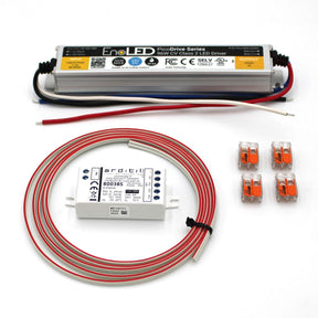 The Casambi Hard-wired Power and Control Kit (24V) includes a power supply, Casambi controller, red/white wires, and four orange/clear connectors, all displayed on a white background.