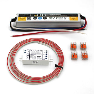 A close-up of the Bluetooth Mesh LED Controller and Hardwired Driver Kit (24V) — Casambi CBU-PWM4 + EnoLED PicoDrive — highlights key LED wiring accessories for smooth, wireless lighting control.