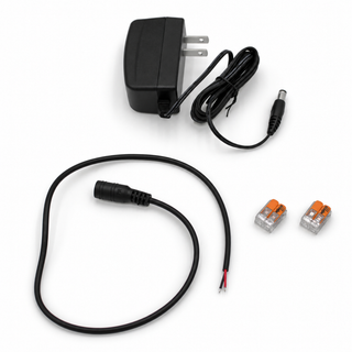 Plug-in Power Kit for Controllers and Sensors (12V) featuring a 12V plug-in power supply with a barrel plug, a DC female jack wire with exposed ends, and two lever-nut wire connectors.