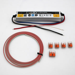 The Standard Hard-wired Power Kit (24V) includes input/output wires, bundled red and gray wires, and five orange wiring accessories neatly arranged on a white surface.