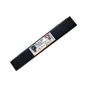 A slim, rectangular black device labeled "Slimline 4-Channel Constant Current LED Dimmer with DMX ~ Model LINE-4CC-DMX," made for pro lighting, featuring CE and RoHS marks on a central white sticker displaying technical specifications.