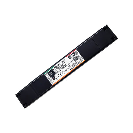 A slim, rectangular black device labeled "Slimline 4-Channel Constant Current LED Dimmer with DMX ~ Model LINE-4CC-DMX," made for pro lighting, featuring CE and RoHS marks on a central white sticker displaying technical specifications.