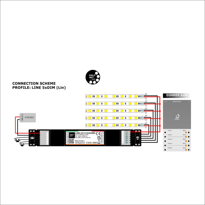 Slimline 5-Channel RGB+TW LED Dimmer with Casambi~ Model LINE-5CV-CASAMBI wiring diagram five single color strips