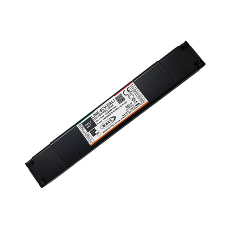 A rectangular black Slimline 5-Channel RGB+TW LED Dimmer with DALI (Model LINE-5CV-DALI) features labeled connectors, a white technical specs sticker, PWM constant voltage output, and certification marks.