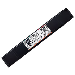 A rectangular black Slimline 5-Channel RGB+TW LED Dimmer with a central label showing technical specs, input/output info, model LINE-5CV-DMX, DMX512 protocol compatibility, and certification marks.