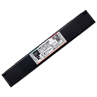 A rectangular black Slimline 5-Channel RGB+TW LED Dimmer with a central label showing technical specs, input/output info, model LINE-5CV-DMX, DMX512 protocol compatibility, and certification marks.