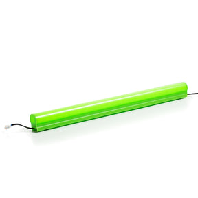 A Colored Border Contour Tube Light ~ Hi-Lite 30 Straight Section in bright green, cylindrical shape with black cords on both ends, shown against a white background.