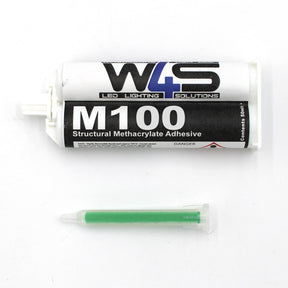 A tube labeled Marine 2-part Methacrylate Adhesive ~ W4S M100 (50ml 1:1 Mix / A-System) is shown above a green mixing nozzle, both set on a white background.