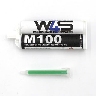 A tube labeled Marine 2-part Methacrylate Adhesive ~ W4S M100 (50ml 1:1 Mix / A-System) is shown above a green mixing nozzle, both set on a white background.
