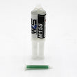 A Clear 2-part Methacrylate Adhesive ~ W4S M155 (25ml 1:1 Mix / A-System) dual-barrel syringe stands upright on a white surface, with a separate green mixing nozzle in front, ideal for high-strength transparent bonding.
