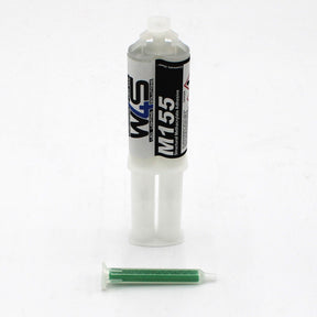 A Clear 2-part Methacrylate Adhesive ~ W4S M155 (25ml 1:1 Mix / A-System) dual-barrel syringe stands upright on a white surface, with a separate green mixing nozzle in front, ideal for high-strength transparent bonding.