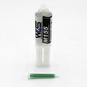 A Clear 2-part Methacrylate Adhesive ~ W4S M155 (25ml 1:1 Mix / A-System) dual-barrel syringe stands upright on a white surface, with a separate green mixing nozzle in front, ideal for high-strength transparent bonding.