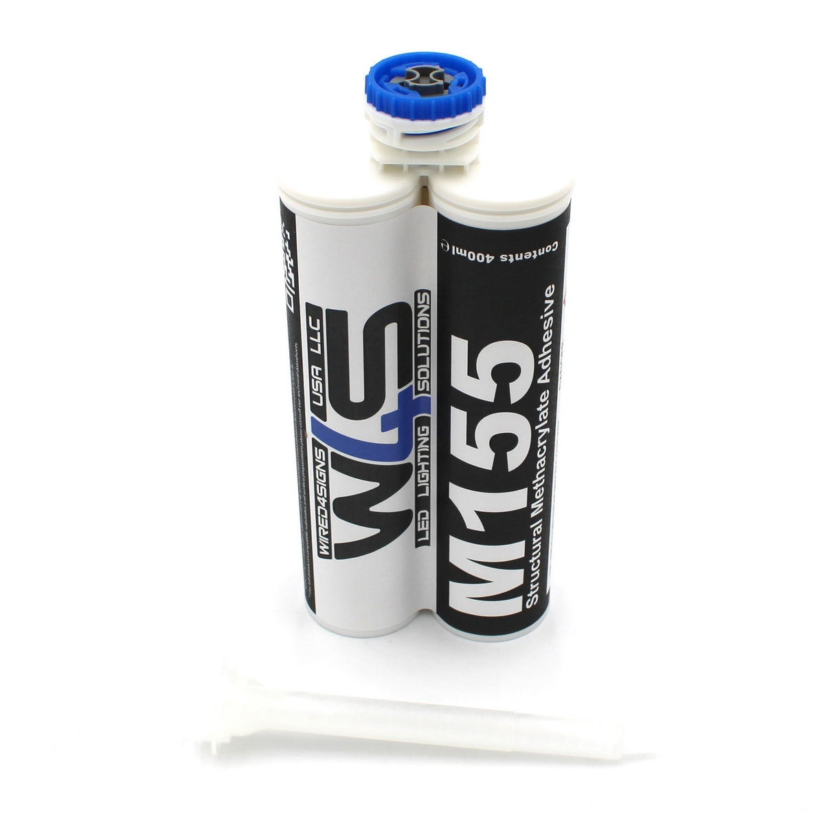 A dual-cartridge tube of Clear 2-part Methacrylate Adhesive ~ W4S M155 (400ml 1:1 Mix / ACF-System), ideal for high strength bonding. A white mixing nozzle is in front, with black, blue, and white labeling on the tube.