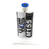 A dual-cartridge tube of Clear 2-part Methacrylate Adhesive ~ W4S M155 (400ml 1:1 Mix / ACF-System), ideal for high strength bonding. A white mixing nozzle is in front, with black, blue, and white labeling on the tube.