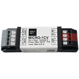 A 1-Channel LED Dimmer with Push Button Control (Model MICRO-1CV) features labeled input/output terminals, specs including 12/24/48V, max power 150W, and max current 6.25A, shown on a gray background.