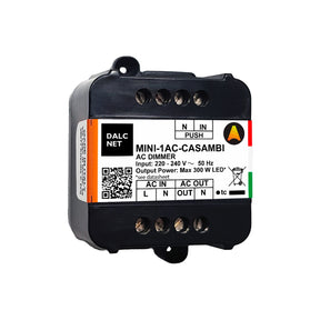 A rectangular black Miniature AC Dimmer with Casambi (Model MINI-1AC-CASAMBI) features labeled wiring terminals and a white label displaying specs like input voltage, power, and a QR code.