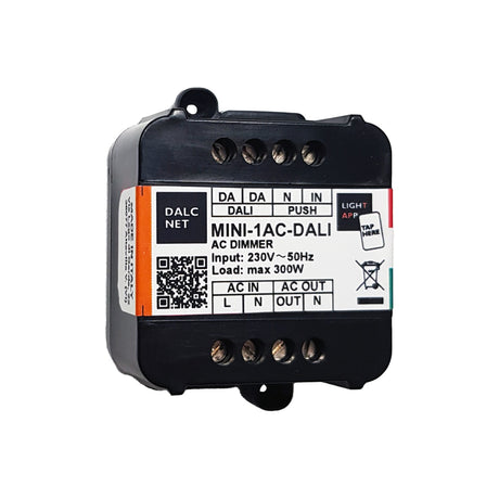The Miniature AC Dimmer with DALI (Model MINI-1AC-DALI) is a compact, black device for LED lighting, featuring top connection ports, QR code, and specs: Input 230V~50Hz, Load max 300W—ideal as a versatile DALI LED dimmer controller.