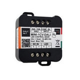 The MINI-1CV-DALI is a black and white Miniature 1-Channel LED Dimmer with DALI, featuring screw terminals, a QR code, and input/output details—an ideal DALI2 protocol lighting control solution.