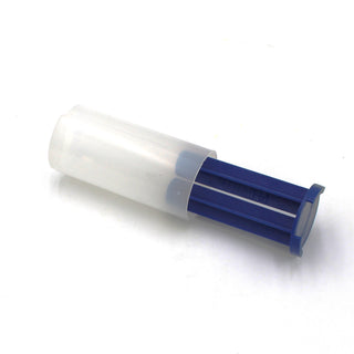 A Caulking Gun Adapter for Methacrylate 50ml 1:1 Mix (Rectangular Flange), featuring a translucent plastic cylindrical cartridge with a removable blue insert partially slid out, is displayed on a white background.