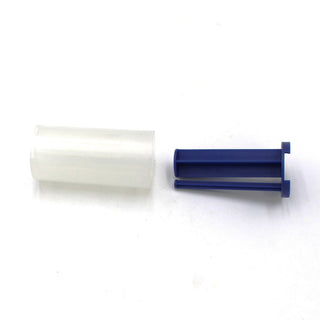 A clear plastic tube and a blue Caulking Gun Adapter for Methacrylate 50ml 10:1 Mix (Round Flange) with two prongs and a flat base are shown on a white background—components for use with 2-part adhesive cartridges.