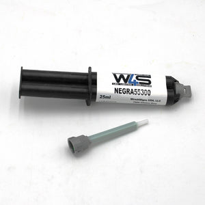 A black 25ml syringe labeled “W4S 55300” (Black 2-part Methacrylate Adhesive, 1:1 Mix B-System) by WireSings USA, LLC for industrial bonding is on a white surface with a separate gray and green mixing nozzle below.