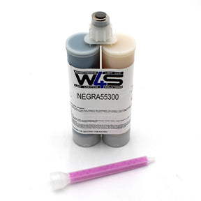 The Black 2-part Methacrylate Adhesive ~ W4S 55300 (400ml 1:1 Mix / C-System) by WD Lighting Solutions includes two connected cartridges and a purple mixing nozzle, perfect for precise industrial bonding applications.