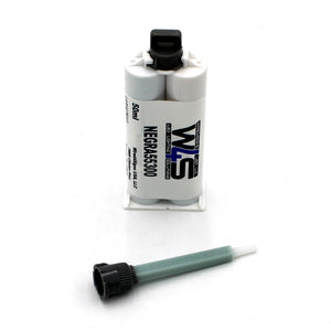 A 50ml dual-chamber cartridge of W4S 55300 Black 2-part Methacrylate Adhesive (1:1 Mix B-System) with a mixing nozzle is shown on a white background, designed for structural bonding applications.