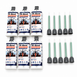 Six cartridges of 2-Part MMA Structural Adhesive for LSE Plastics ~ PE-Bond Kayak500 (50ml 1:1 / B-System), designed specifically for dependable bonding on polyethylene and polypropylene surfaces such as kayaks, are organized in two rows next to ten green mixing nozzles with black bases, all set against a white background.