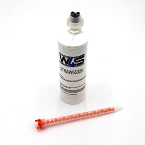 A white cartridge labeled Cream 2-part Methacrylate Adhesive W4S 55320 (500ml, 10:1 Mix, F-System) stands upright with a detachable orange and white mixing nozzle in front, suitable for industrial bonding, on a white background.