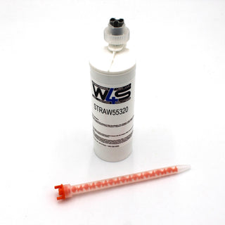 A white cartridge labeled Cream 2-part Methacrylate Adhesive W4S 55320 (500ml, 10:1 Mix, F-System) stands upright with a detachable orange and white mixing nozzle in front, suitable for industrial bonding, on a white background.