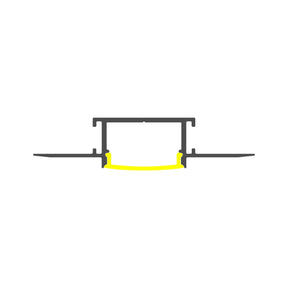 A simple black and yellow line drawing of the 1.1″ Ceiling/Wall Mud-In Recessed Linear LED Lighting Profile, Model Montana, shows its rectangular aluminum channel with extended horizontal flanges. The lower curved section—ideal for ceiling illumination—is highlighted in yellow against a white background.