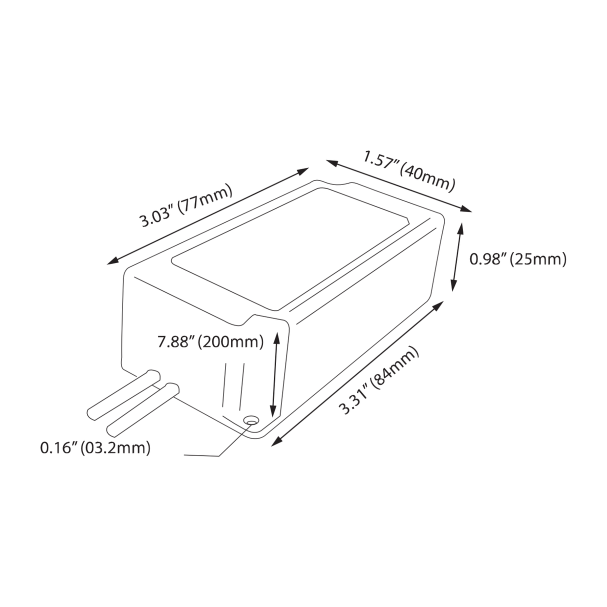 Line drawing of the Super Compact Dimmable Class 2 LED Driver (24V) ~ EnoLED MRD Series, rectangular with labeled dimensions: 7.88 (200mm) long, 3.11 (84mm) wide, 0.98 (25mm) high; details for use with 24V DC LED strips.