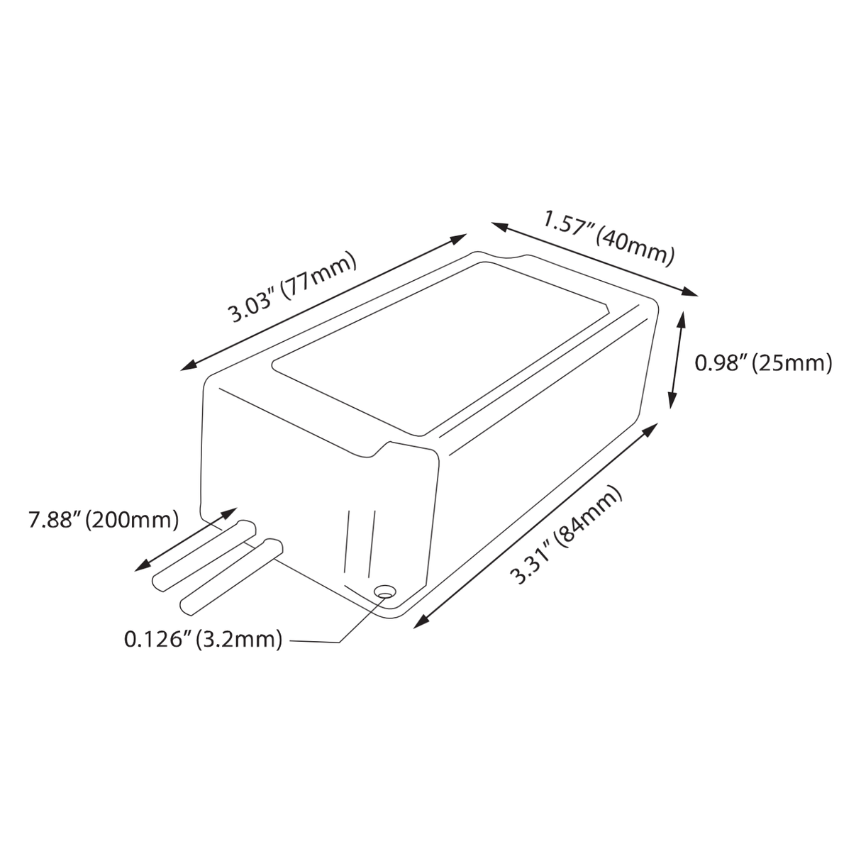 Line drawing of the EnoLED MRD Series Super Compact Dimmable Class 2 LED Driver (12V) with labeled dimensions: 7.88 (200mm) length incl. wires, 3.11 (84mm) width, 0.98 (25mm) height—perfect for 12V DC LED strip setups.