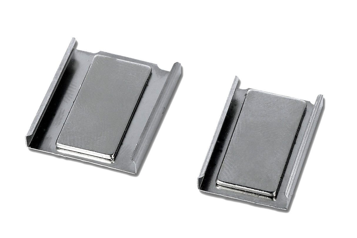 Two Magnetic Holders for LED Profiles, small flat metal clips with raised centers, ideal for securing aluminum LED profiles or serving as magnetic mounting plates, are shown side by side on a white background.