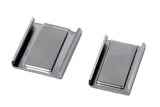 Two Magnetic Holders for LED Profiles, small flat metal clips with raised centers, ideal for securing aluminum LED profiles or serving as magnetic mounting plates, are shown side by side on a white background.