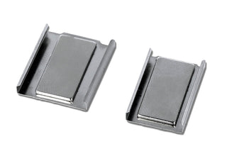 Two Magnetic Holders for LED Profiles, small flat metal clips with raised centers, ideal for securing aluminum LED profiles or serving as magnetic mounting plates, are shown side by side on a white background.