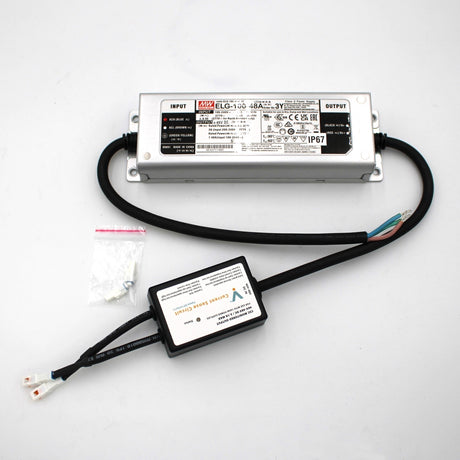 The Visive Power Supply Units and control module come with attached black cables, wire connectors, and a small plastic bag of screws, all neatly arranged on a plain white background.