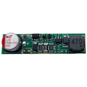 The NANODRIVER-1CC is a green PCB featuring electronic components like a WE 220 capacitor, black chips, resistors, and a 470 inductor—ideal as a single channel dimmable constant current LED driver.