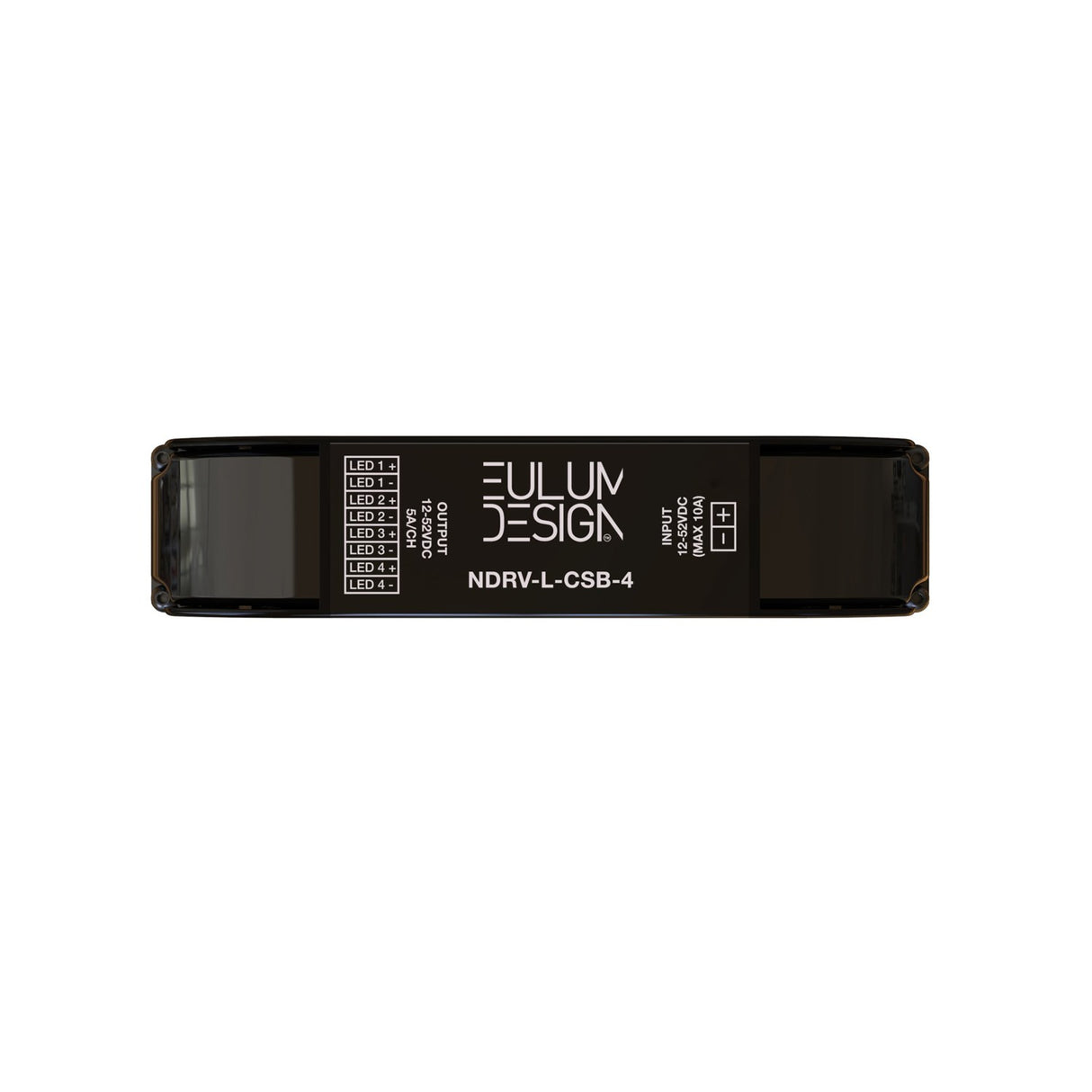 A rectangular black device labeled Eulum NDRV-CSB-4-SSF, the Casambi 4-Channel Long-Range Wireless PWM Dimming Controller for LED use, with ports and indicators on each side, is shown against a white background.