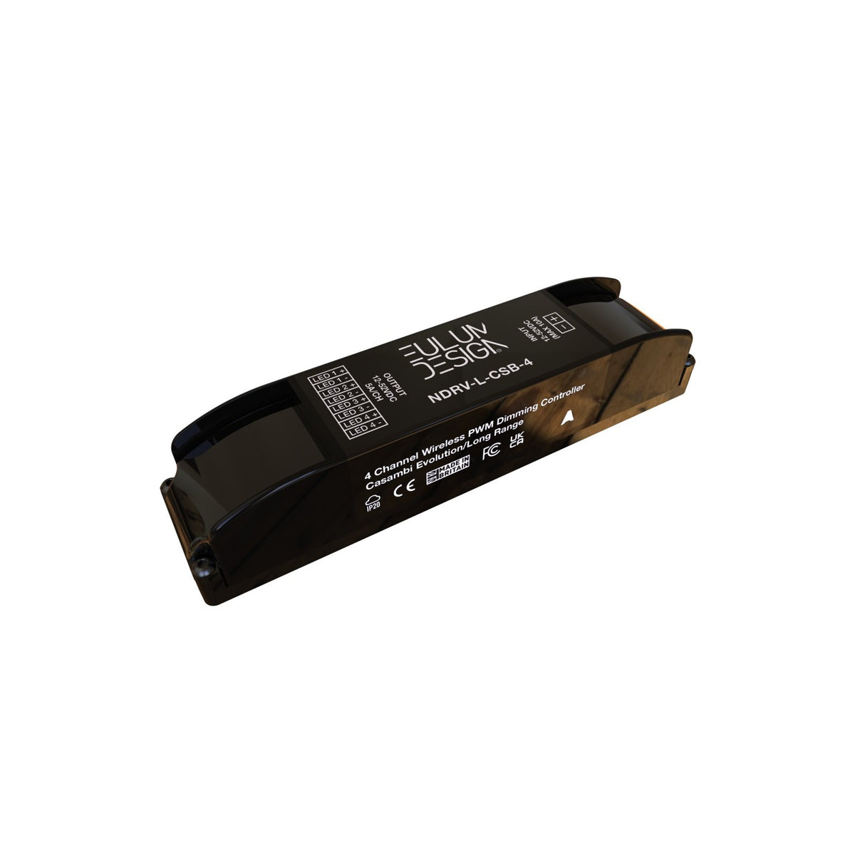 A black, rectangular 4-channel PWM controller labeled “Eulum NDRV-CSB-4-SSF,” ideal for LED use, featuring certification symbols and full Casambi long-range wireless dimming compatibility.