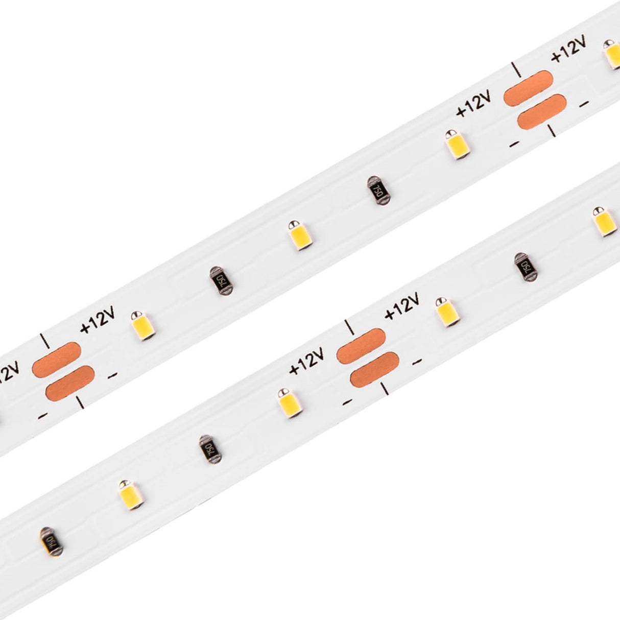 Two White High CRI IP20 LED Strips (12V) from the White Iris Series feature small yellow LED bulbs and +12V copper pads spaced evenly along the strip, perfect for indoor linear lighting with enhanced color accuracy.