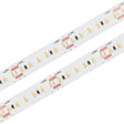 The White Iris Series High CRI IP20 LED Strip (24V) features small yellow and white LEDs, resistors, copper connectors, and +24V labels—ideal for precise indoor linear lighting applications.