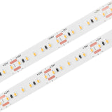 The White Iris Series High CRI IP20 LED Strip (24V) features small yellow and white LEDs, resistors, copper connectors, and +24V labels—ideal for precise indoor linear lighting applications.
