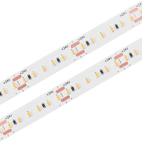 The White Iris Series High CRI IP20 LED Strip (24V) features small yellow and white LEDs, resistors, copper connectors, and +24V labels—ideal for precise indoor linear lighting applications.