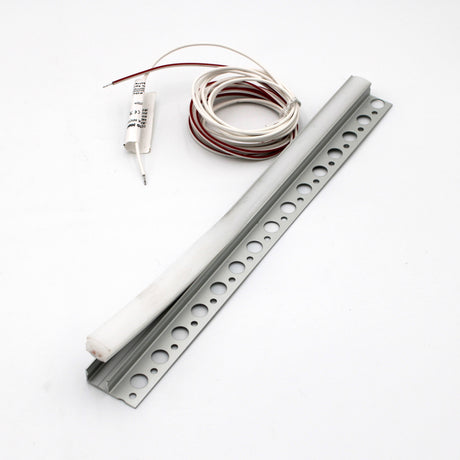 The RGB IP67 Silicone LED Strip for Uni-Tile Profiles (24V) ~ Nicho Series, featuring a metal bar with circular holes, a white strip, and a coiled wire with a white electronic component, is shown on a white background.