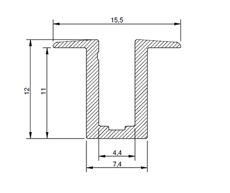 Cross-sectional technical drawing of Recessed Mounting Clips for Neon Flex Ultra Slim Series, labeled: top width 15.5 units, height 12 units, internal height 11 units, inner width 4.4 units, base width 7.4 units—ideal for recessed mounting.
