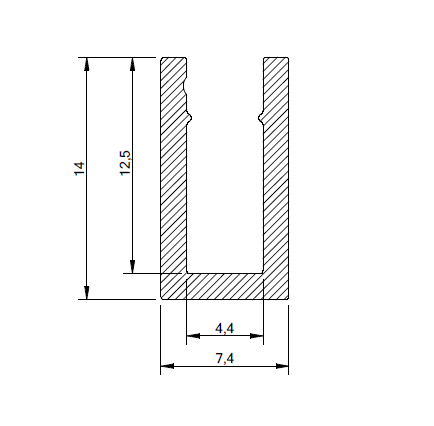 Cross-sectional technical drawing of Mounting Clips for Neon Flex Ultra Slim Series with a hollow center, ideal for securing LED lights. Dimensions: height 14 mm, internal height 12.5 mm, outer width 7.4 mm, inner width 4.4 mm.