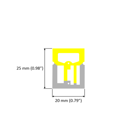 A diagram of the Wide Flexible Neon Lights LED Profile, Model Neon Las Vegas XL, shows yellow and gray sections with arrows marking its 25 mm (0.98”) height and 20 mm (0.79”) width.