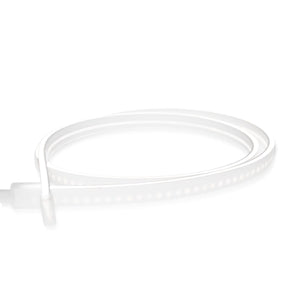 The White IP44/IP66 Neon Flexible LED Light Line (24V) ~ Flex Ultra Slim Series is a coiled ultra slim LED strip with soft, glowing bulbs, shown on a white background.